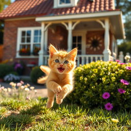 A joyful and energetic orange kitten playing in the foreground, with a charming and cozy house in the background