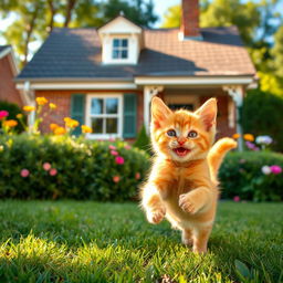 A joyful and energetic orange kitten playing in the foreground, with a charming and cozy house in the background