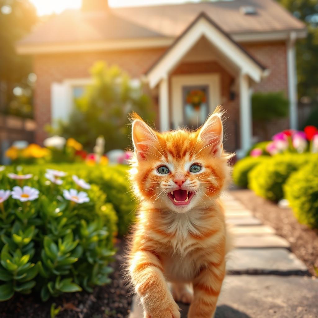 A joyful and energetic orange kitten playing in the foreground, with a charming and cozy house in the background