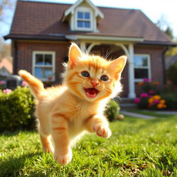 A joyful and energetic orange kitten playing in the foreground, with a charming and cozy house in the background