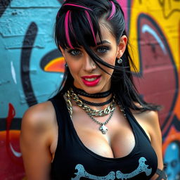 A close-up shot of a gorgeous female with black hair featuring color stripes, wearing a Misfits skull tank top