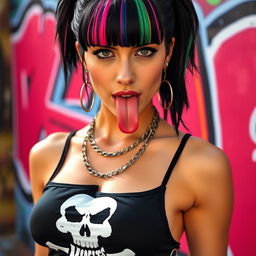 A close-up shot of a gorgeous female with black hair featuring color stripes, wearing a Misfits skull tank top