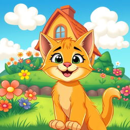 A cheerful and playful orange kitten with big, expressive eyes, cartoon-style, in the foreground