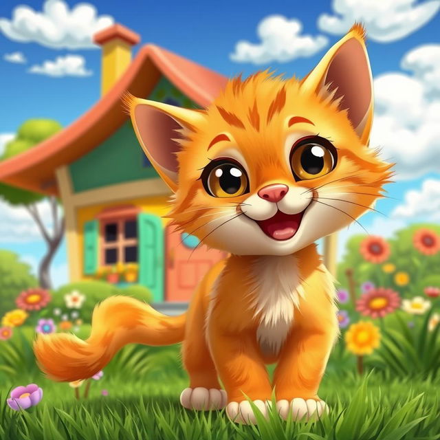 A cheerful and playful orange kitten with big, expressive eyes, cartoon-style, in the foreground