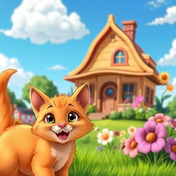 A cheerful and playful orange kitten with big, expressive eyes, cartoon-style, in the foreground