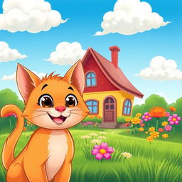 A cheerful and playful orange kitten with big, expressive eyes, cartoon-style, in the foreground