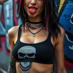 Close-up torso shot of a gorgeous female with black hair featuring color stripes