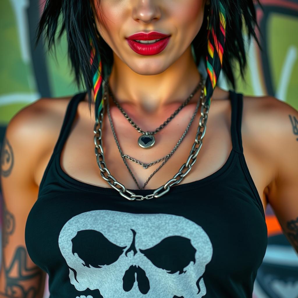 Close-up of the torso of a gorgeous female with black hair featuring colorful stripes, wearing a Misfits skull tank top