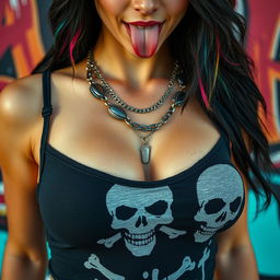 Close-up of the torso of a gorgeous female with black hair featuring colorful stripes, wearing a Misfits skull tank top