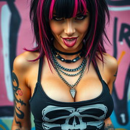 Close-up torso shot of a gorgeous female with vibrant black hair featuring color stripes