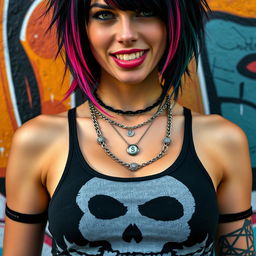 Close-up torso shot of a gorgeous female with vibrant black hair featuring color stripes