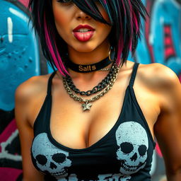 Close-up torso shot of a gorgeous female with vibrant black hair featuring color stripes