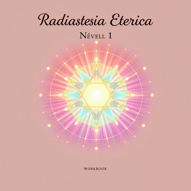 Uma capa de workbook mística e encantadora para Radiestesia Etérica Nível 1, destinada a uma instituição que oferece terapias de aprendizado
