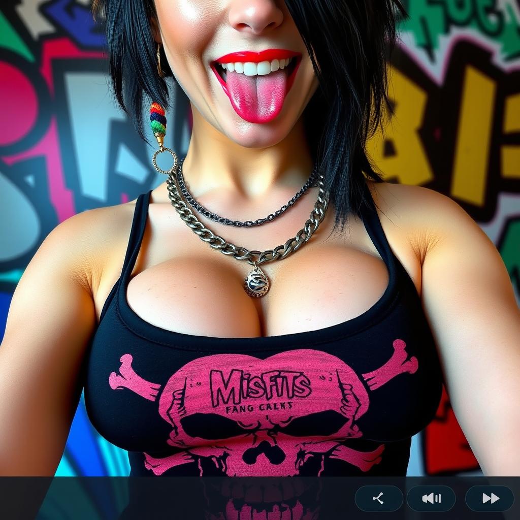 close-up of a striking female torso showcasing a large chest with deep cleavage, adorned in a Misfits skull tank top