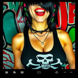 close-up of a striking female torso showcasing a large chest with deep cleavage, adorned in a Misfits skull tank top