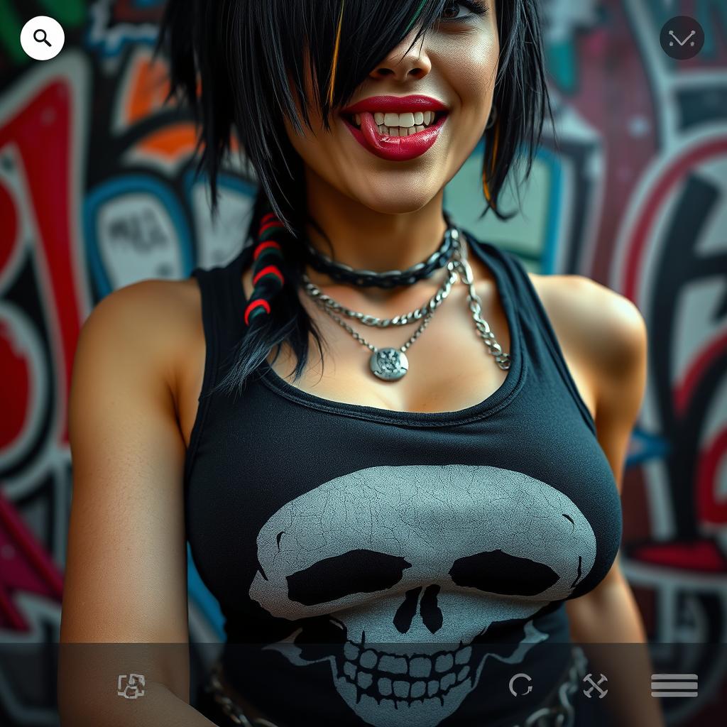 close-up of a striking female torso showcasing a large chest with deep cleavage, adorned in a Misfits skull tank top