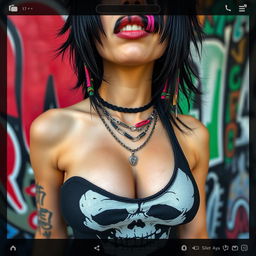 close-up of a striking female torso showcasing a large chest with deep cleavage, adorned in a Misfits skull tank top