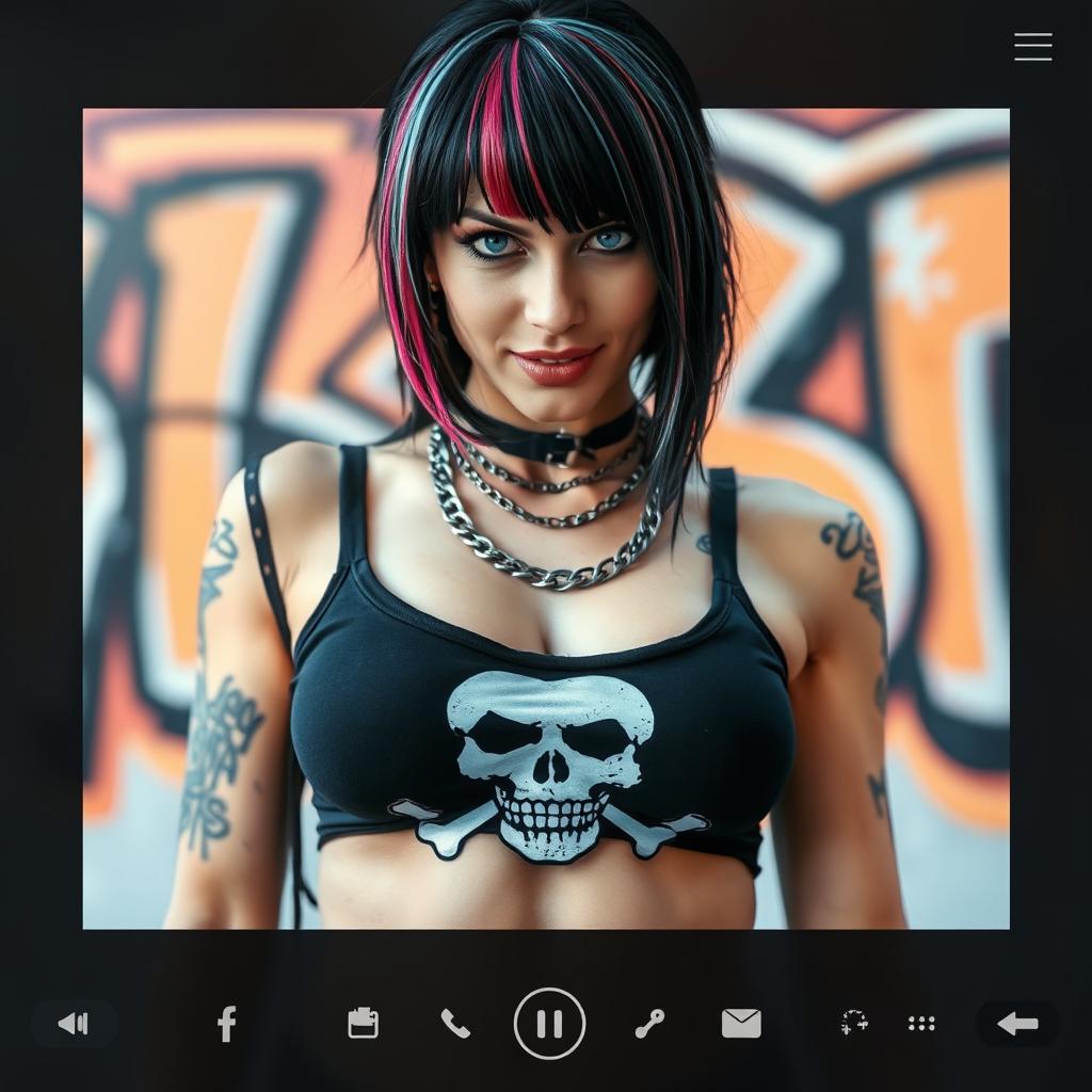 Close-up torso shot of a gorgeous female with black hair featuring color stripes