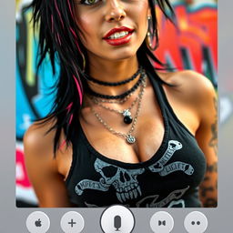 A close-up, torso shot of a gorgeous female with black hair accented by color stripes, wearing a Misfits skull tank top