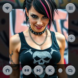 A close-up, torso shot of a gorgeous female with black hair accented by color stripes, wearing a Misfits skull tank top