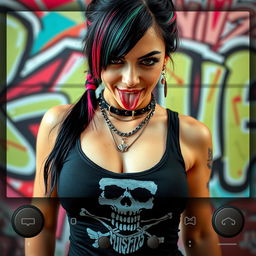 A close-up, torso shot of a gorgeous female with black hair accented by color stripes, wearing a Misfits skull tank top