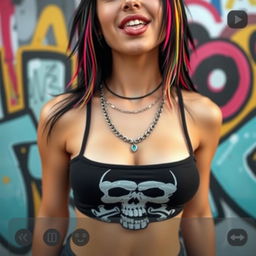 A close-up torso shot of a gorgeous female with striking black hair adorned with colorful stripes