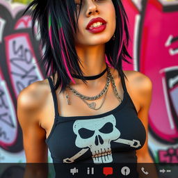 A close-up torso shot of a gorgeous female with striking black hair adorned with colorful stripes