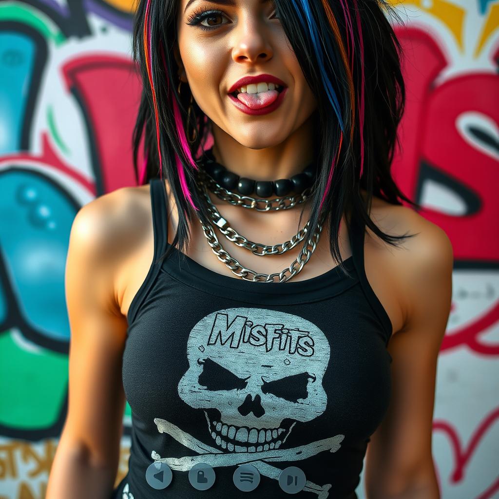 A close-up torso shot of a gorgeous female with striking black hair adorned with colorful stripes