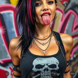 A close-up torso shot of a gorgeous female with striking black hair adorned with colorful stripes