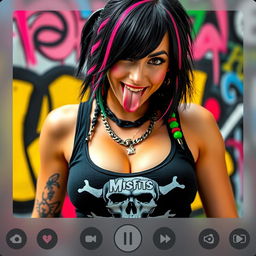 close-up shot of a gorgeous female with black hair featuring colorful stripes, wearing a Misfits skull tank top, adorned with punk chains