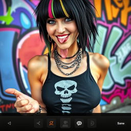 close-up shot of a gorgeous female with black hair featuring colorful stripes, wearing a Misfits skull tank top, adorned with punk chains