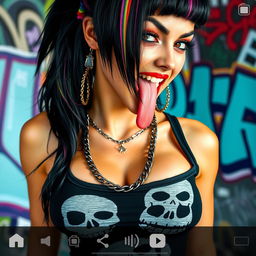 close-up shot of a gorgeous female with black hair featuring colorful stripes, wearing a Misfits skull tank top, adorned with punk chains