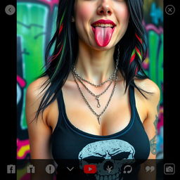 A close-up torso shot of a gorgeous female with black hair featuring colorful stripes