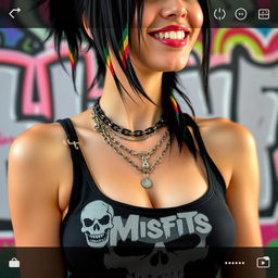 A close-up torso shot of a gorgeous female with black hair featuring colorful stripes