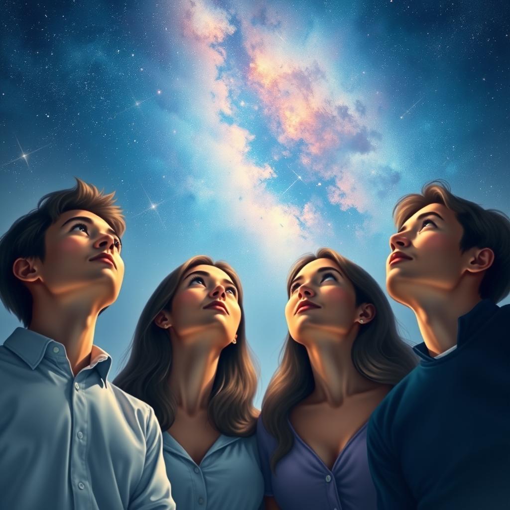 An artistic depiction of two men and two women looking up at the sky, their faces illuminated by a gentle celestial glow