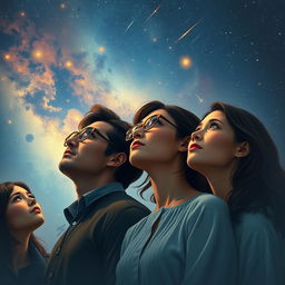 An artistic depiction of two men and two women looking up at the sky, their faces illuminated by a gentle celestial glow