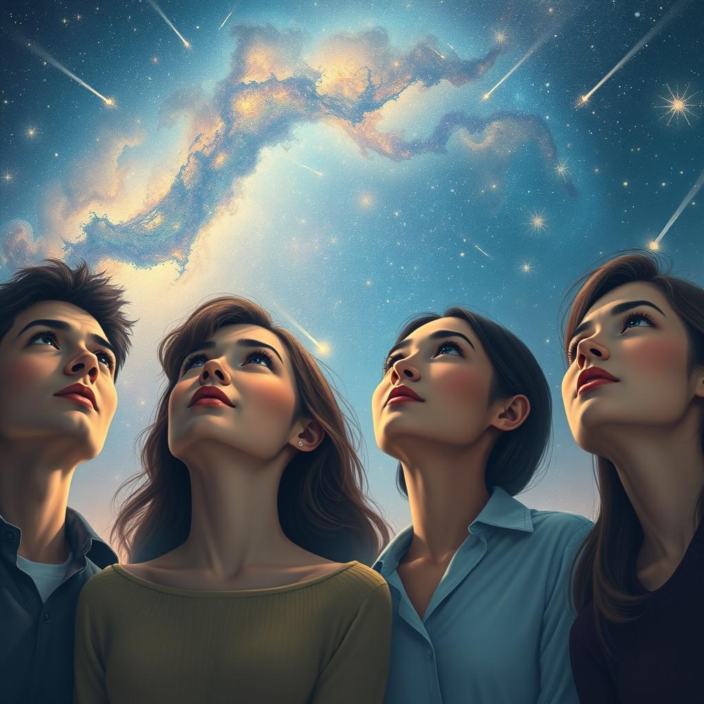 An artistic depiction of two men and two women looking up at the sky, their faces illuminated by a gentle celestial glow