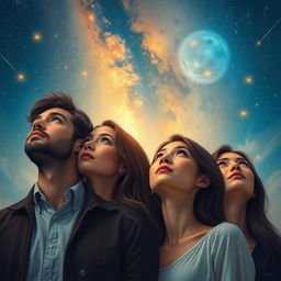 An artistic depiction of two men and two women looking up at the sky, their faces illuminated by a gentle celestial glow