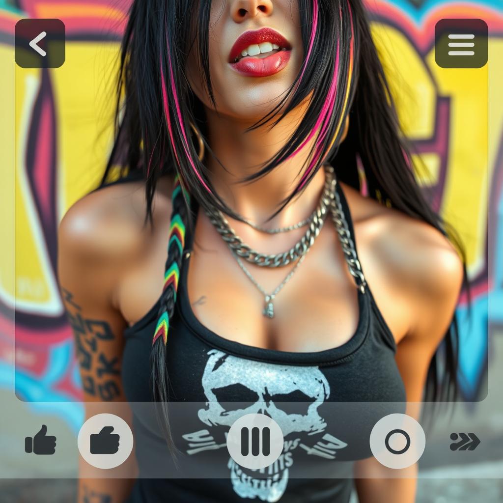 A close-up torso shot of a gorgeous female with long black hair featuring colorful stripes