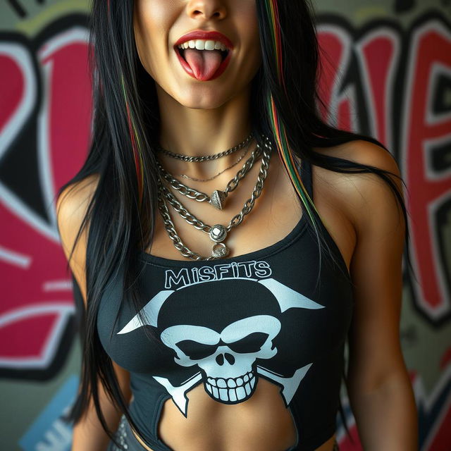 A close-up torso shot of a gorgeous female with long black hair featuring colorful stripes