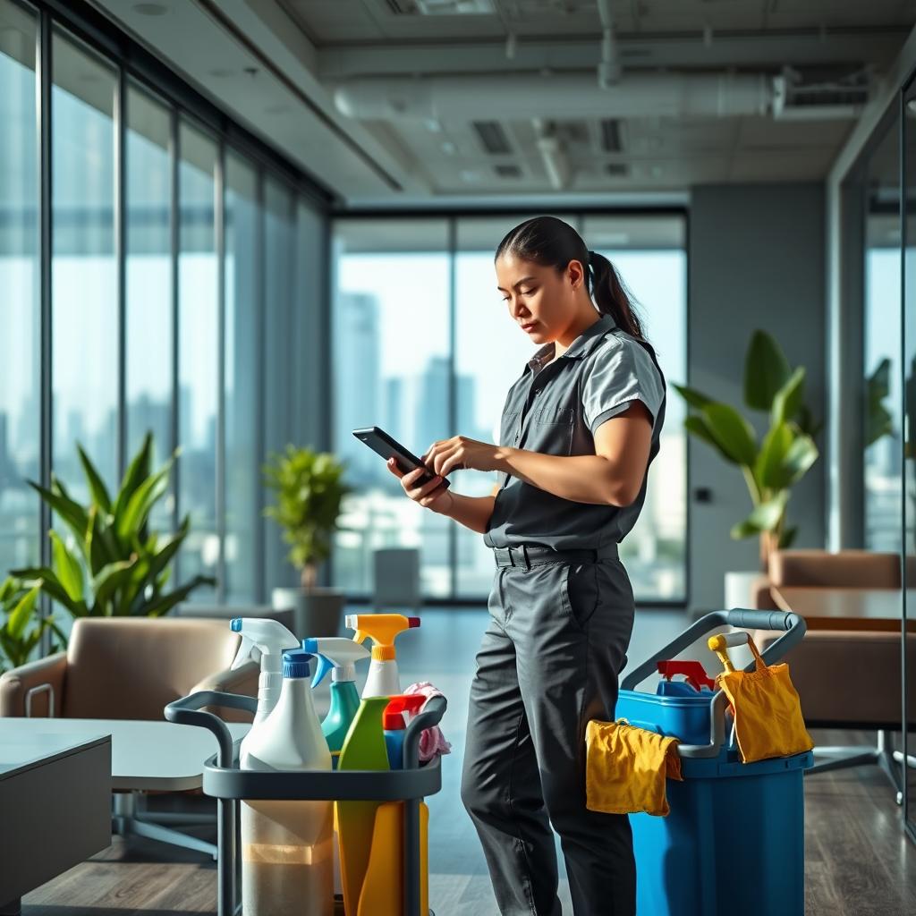 A commercial office cleaner inside a modern office space, standing near a desk with various cleaning supplies on a cart