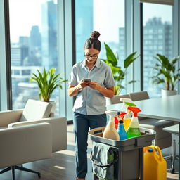 A commercial office cleaner inside a modern office space, standing near a desk with various cleaning supplies on a cart