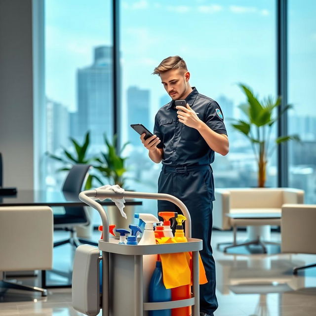 A commercial office cleaner inside a modern office space, standing near a desk with various cleaning supplies on a cart