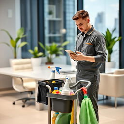 A commercial office cleaner inside a modern office space, standing near a desk with various cleaning supplies on a cart