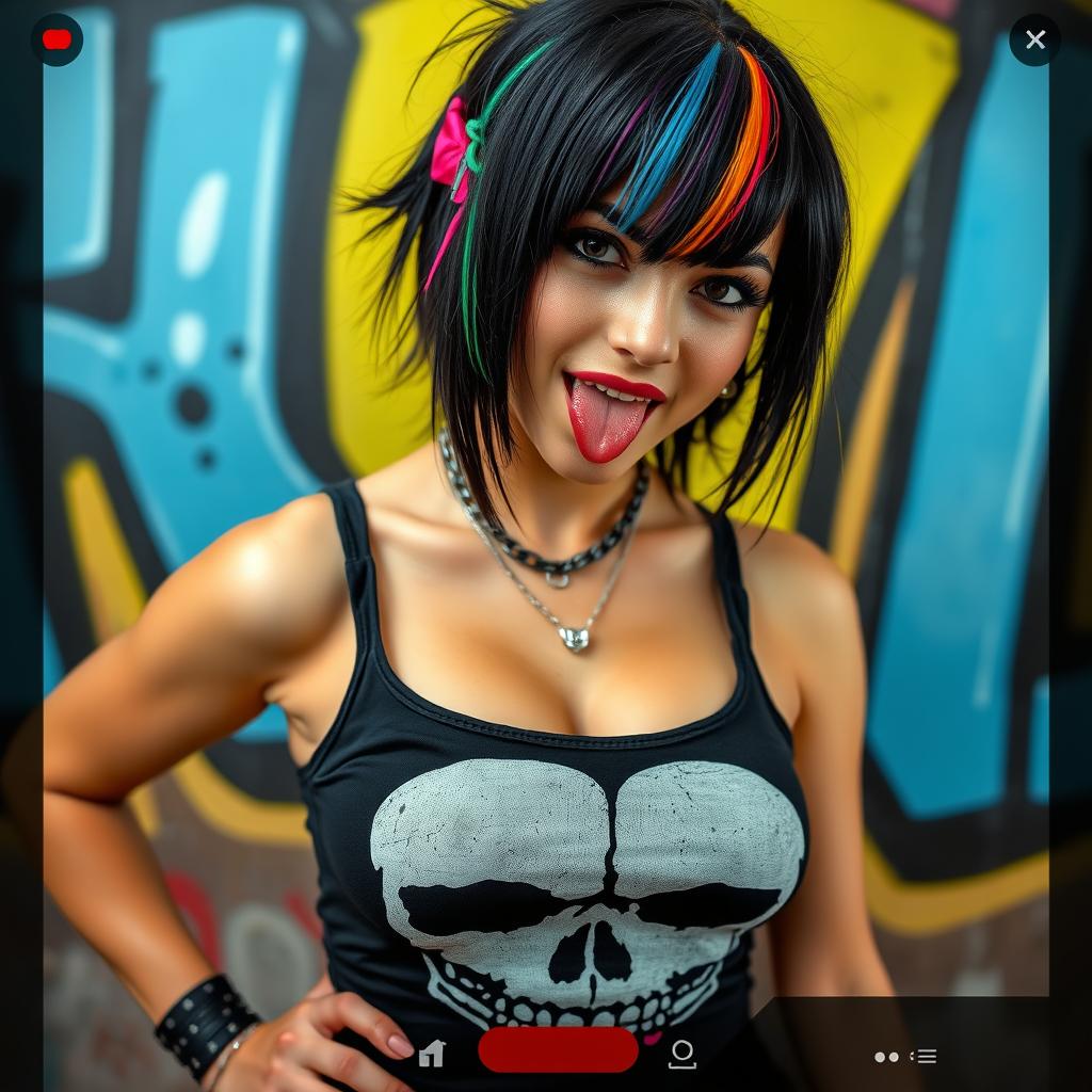 A close-up torso shot of a gorgeous female with black hair featuring colorful stripes, wearing a Misfits skull tank top with punk chains