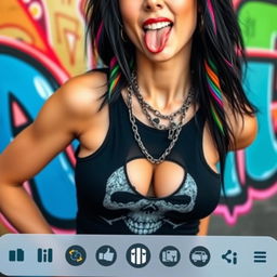 A close-up torso shot of a gorgeous female with black hair featuring colorful stripes, wearing a Misfits skull tank top with punk chains