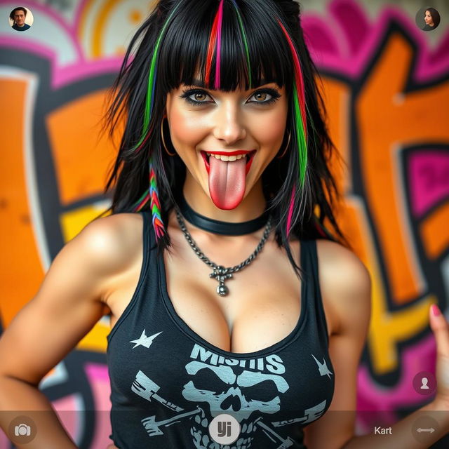 A close-up torso shot of a gorgeous female with black hair featuring colorful stripes, wearing a Misfits skull tank top with punk chains