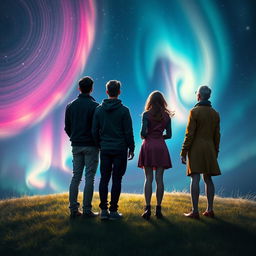 An artistic scene of four people, two men and two women, standing with their backs facing the viewer, looking up at the expansive sky