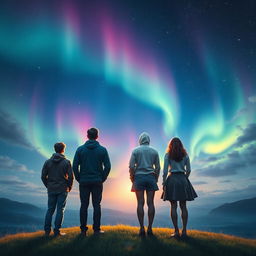 An artistic scene of four people, two men and two women, standing with their backs facing the viewer, looking up at the expansive sky