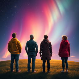 An artistic scene of four people, two men and two women, standing with their backs facing the viewer, looking up at the expansive sky